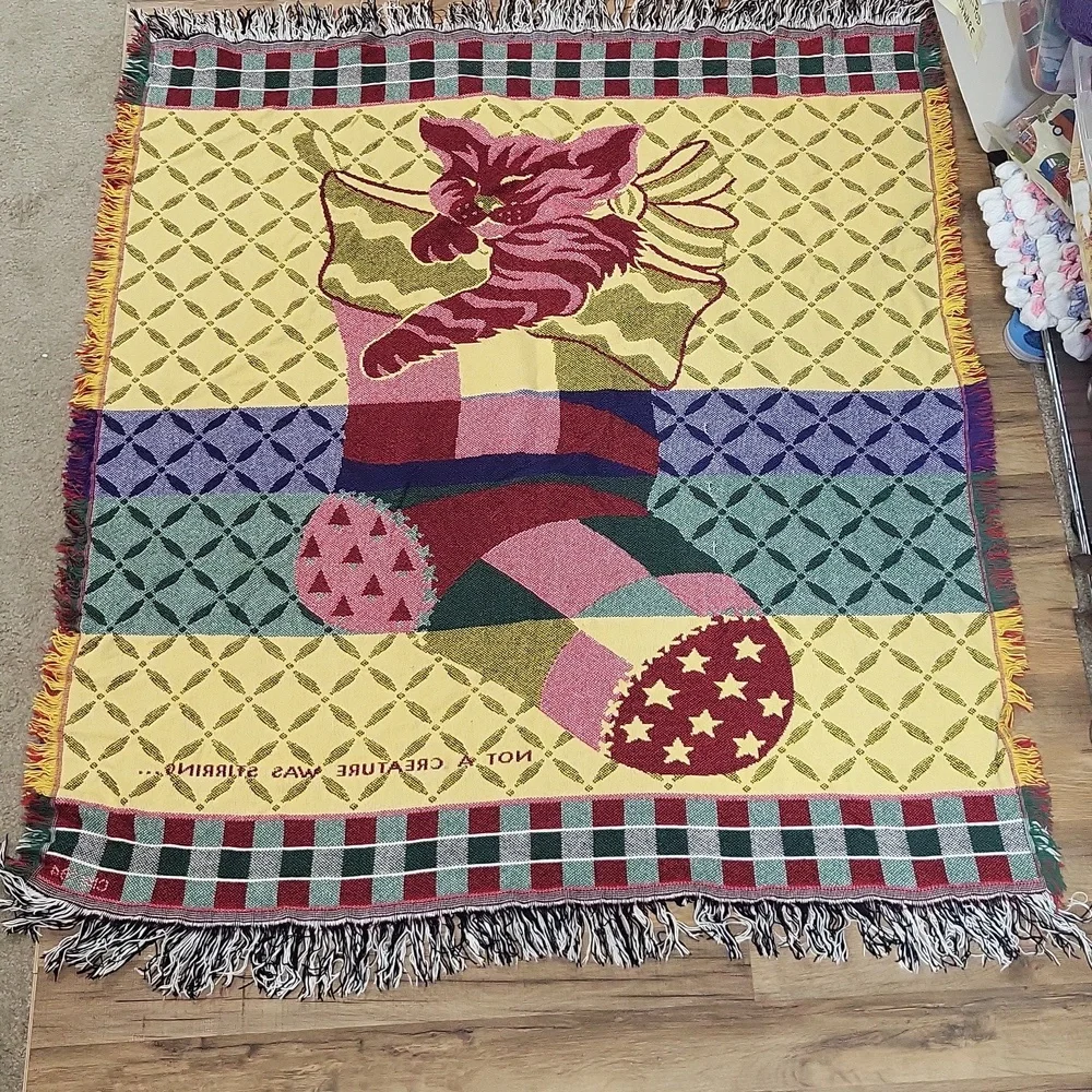 NOT A CREATURE WAS STIRRING Cat in Christmas Stocking Woven Blanket Throw